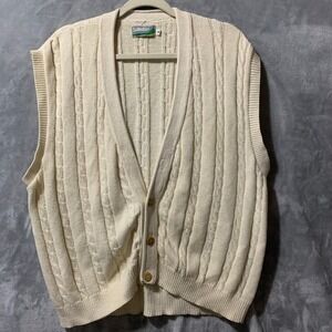 Sahara Mens Cable Knit V Neck Sweater Vest Cream Medium Golf Casual Grandpa Flaw